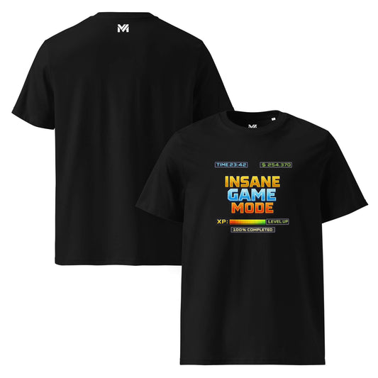 T-shirt Bio INSANE GAME MODE noir visuel coloré face et logo blanc dos sous le col Mindset Ambition