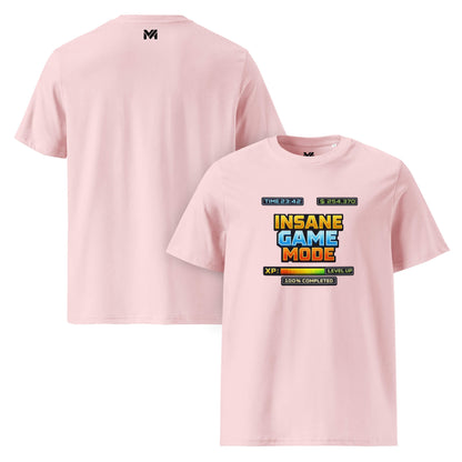 T-shirt Bio INSANE GAME MODE rose visuel coloré face et logo noir dos sous le col Mindset Ambition