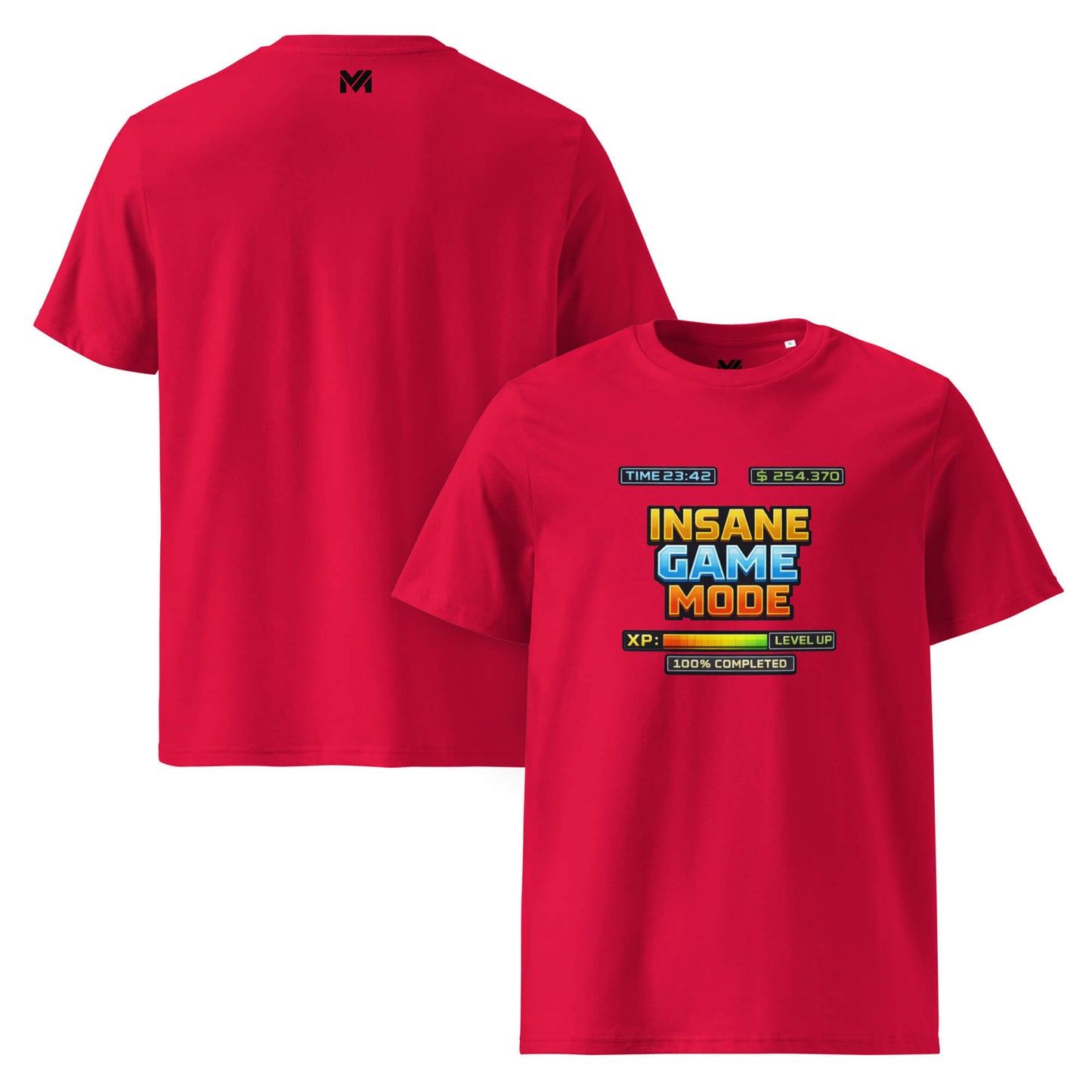 T-shirt Bio INSANE GAME MODE rouge visuel coloré face et logo noir dos sous le col Mindset Ambition