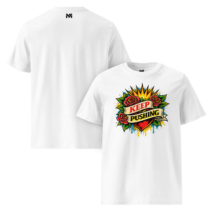 T-shirt Bio KEEP PUSHING blanc visuel coloré face et logo noir dos sous le col Mindset Ambition
