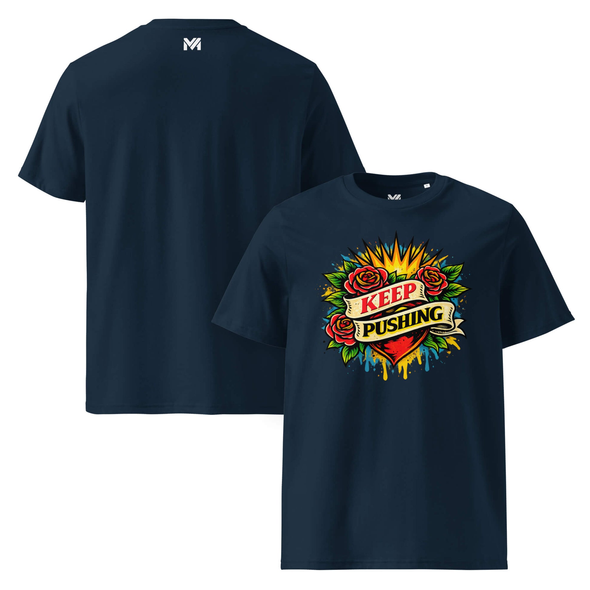 T-shirt Bio KEEP PUSHING bleu marine visuel coloré face et logo blanc dos sous le col Mindset Ambition