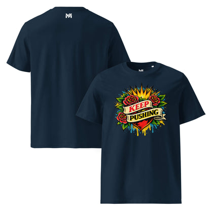 T-shirt Bio KEEP PUSHING bleu marine visuel coloré face et logo blanc dos sous le col Mindset Ambition