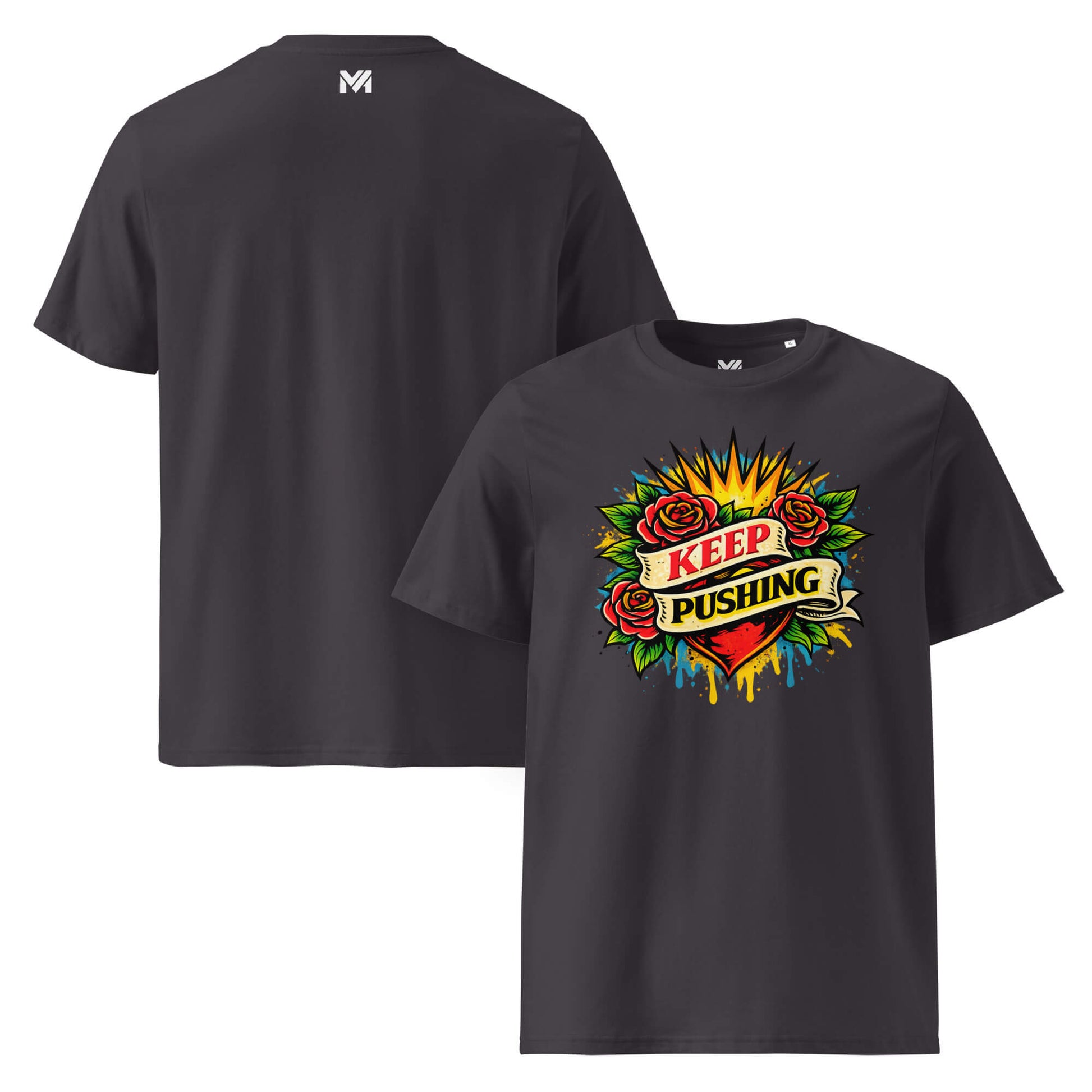 T-shirt Bio KEEP PUSHING gris anthracite visuel coloré face et logo blanc dos sous le col Mindset Ambition