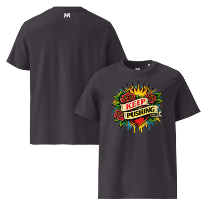 T-shirt Bio KEEP PUSHING gris anthracite visuel coloré face et logo blanc dos sous le col Mindset Ambition