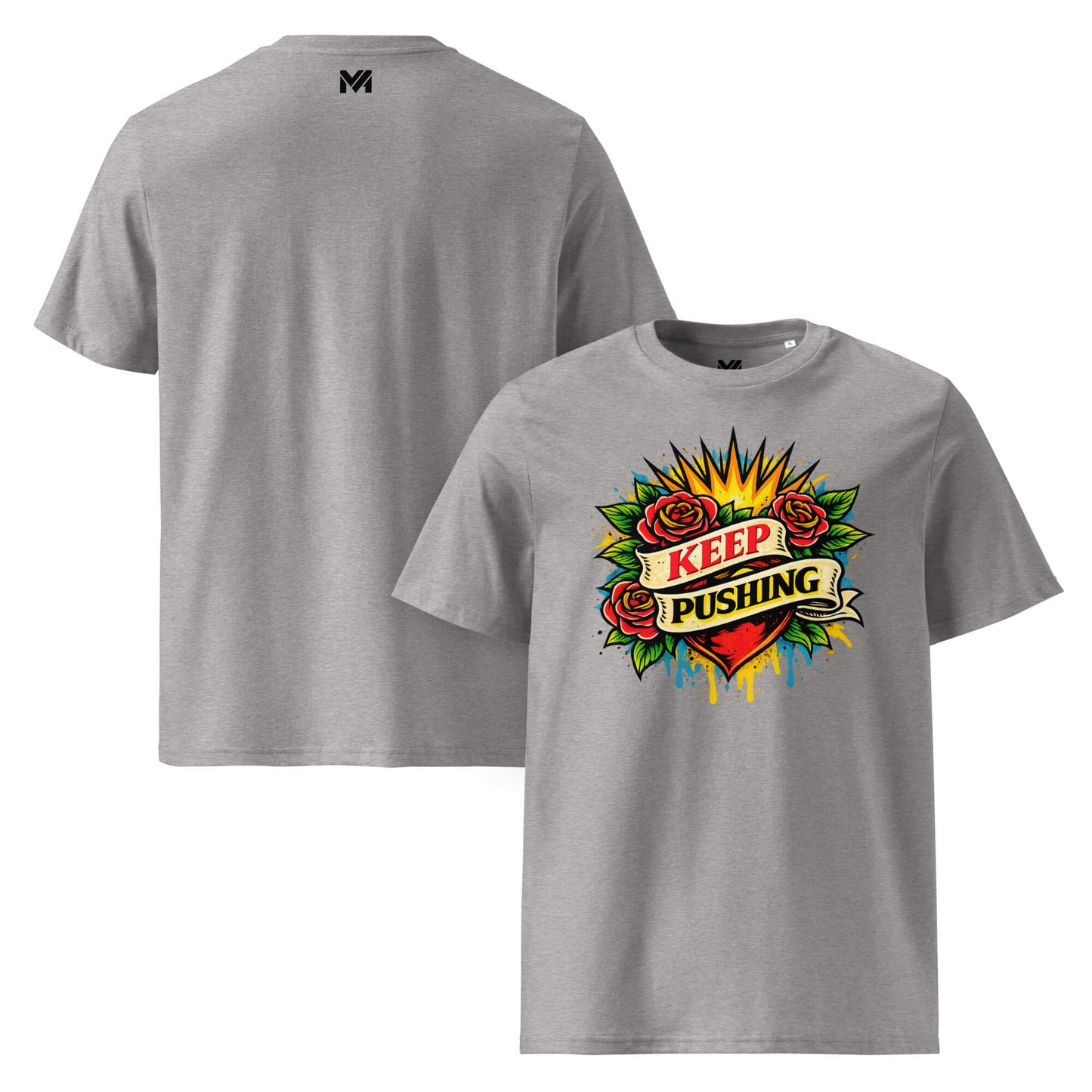 T-shirt Bio KEEP PUSHING gris chiné visuel coloré face et logo noir dos sous le col Mindset Ambition
