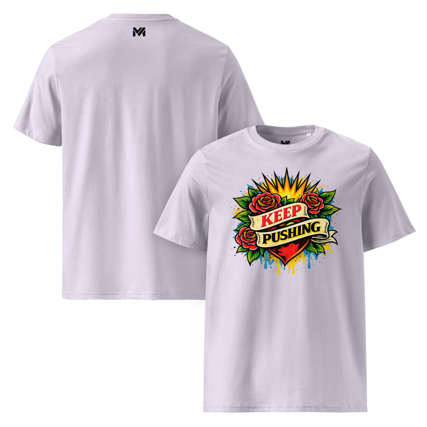 T-shirt Bio KEEP PUSHING lavande visuel coloré face et logo noir dos sous le col Mindset Ambition