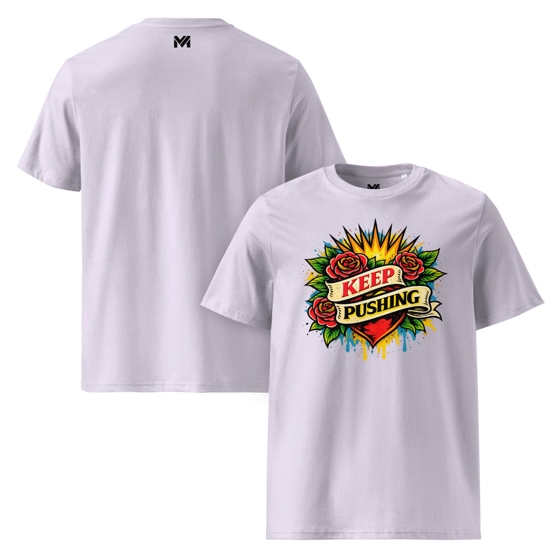 T-shirt Bio KEEP PUSHING lavande visuel coloré face et logo noir dos sous le col Mindset Ambition