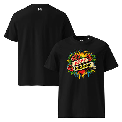 T-shirt Bio KEEP PUSHING noir visuel coloré face et logo blanc dos sous le col Mindset Ambition