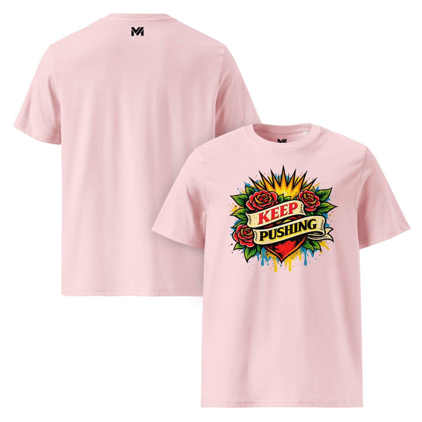 T-shirt Bio KEEP PUSHING rose visuel coloré face et logo noir dos sous le col Mindset Ambition
