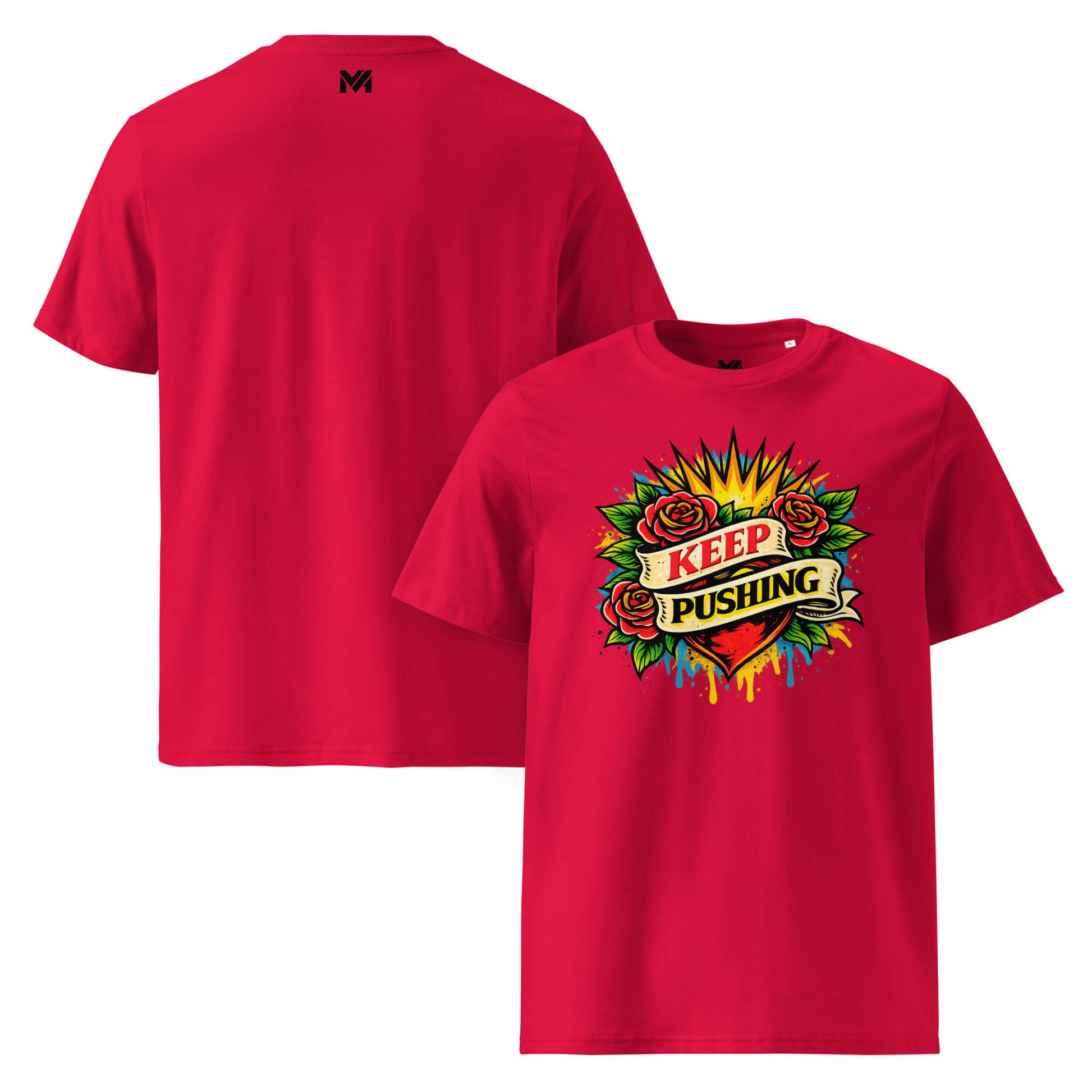 T-shirt Bio KEEP PUSHING rouge visuel coloré face et logo noir dos sous le col Mindset Ambition