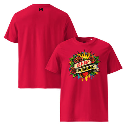 T-shirt Bio KEEP PUSHING rouge visuel coloré face et logo noir dos sous le col Mindset Ambition