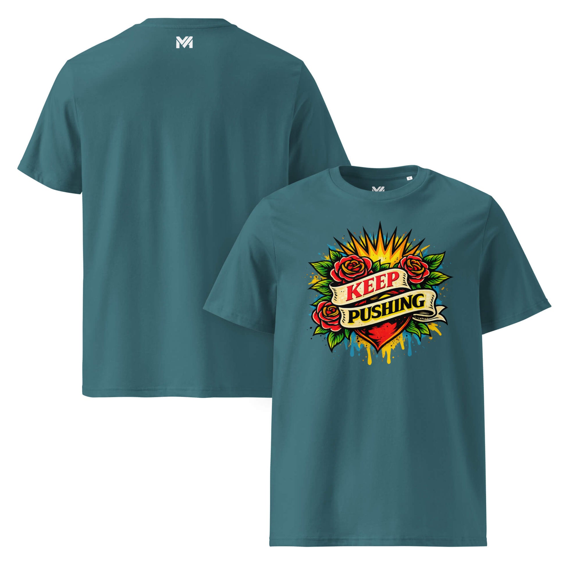 T-shirt Bio KEEP PUSHING vert visuel coloré face et logo blanc dos sous le col Mindset Ambition