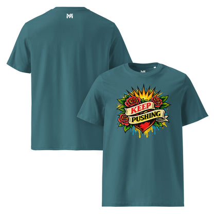 T-shirt Bio KEEP PUSHING vert visuel coloré face et logo blanc dos sous le col Mindset Ambition
