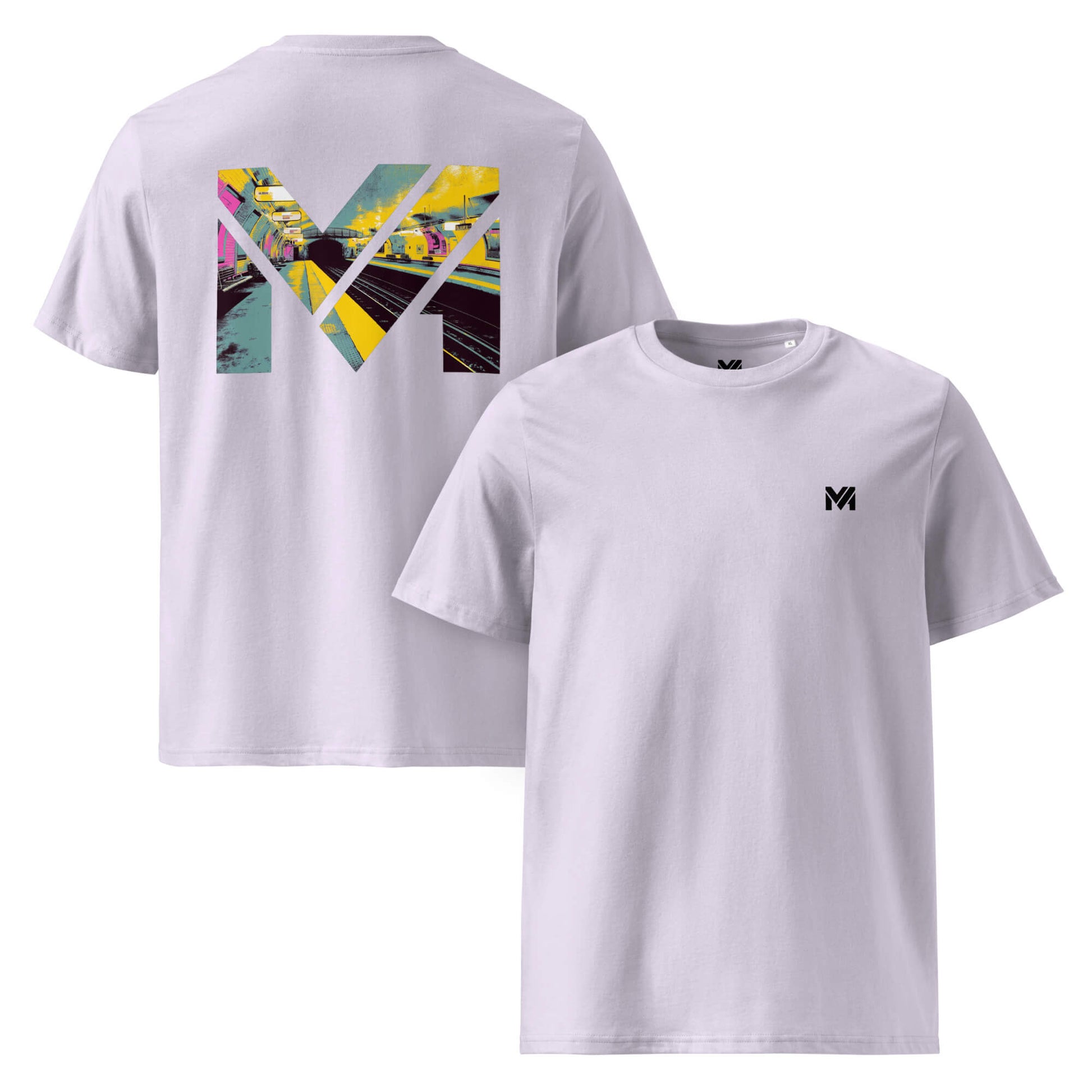 T-shirt Bio LAST TRAIN MENTALITY lavande logo noir face et visuel coloré dos Mindset Ambition