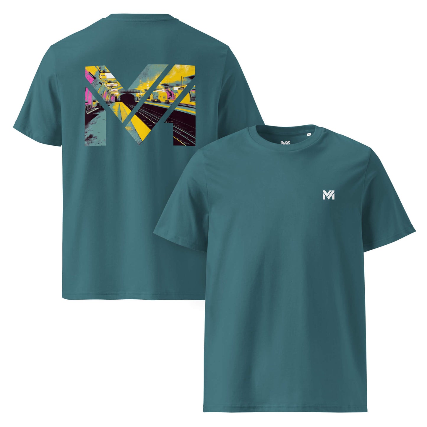 T-shirt Bio LAST TRAIN MENTALITY vert logo blanc face et visuel coloré dos Mindset Ambition