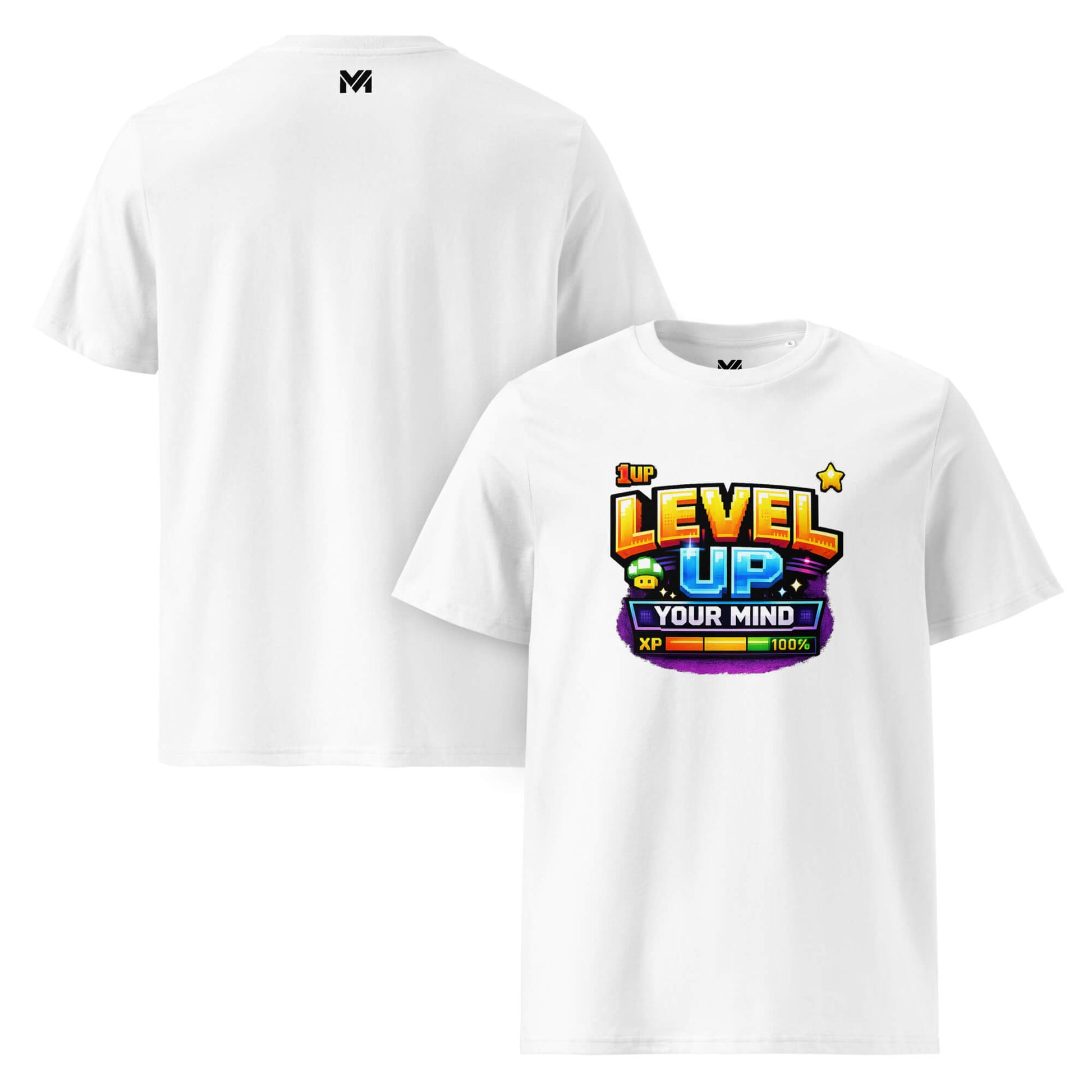 T-shirt Bio LEVEL UP YOUR MIND blanc visuel coloré face et logo noir dos sous le col Mindset Ambition