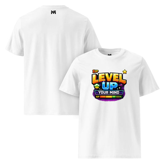 T-shirt Bio LEVEL UP YOUR MIND blanc visuel coloré face et logo noir dos sous le col Mindset Ambition