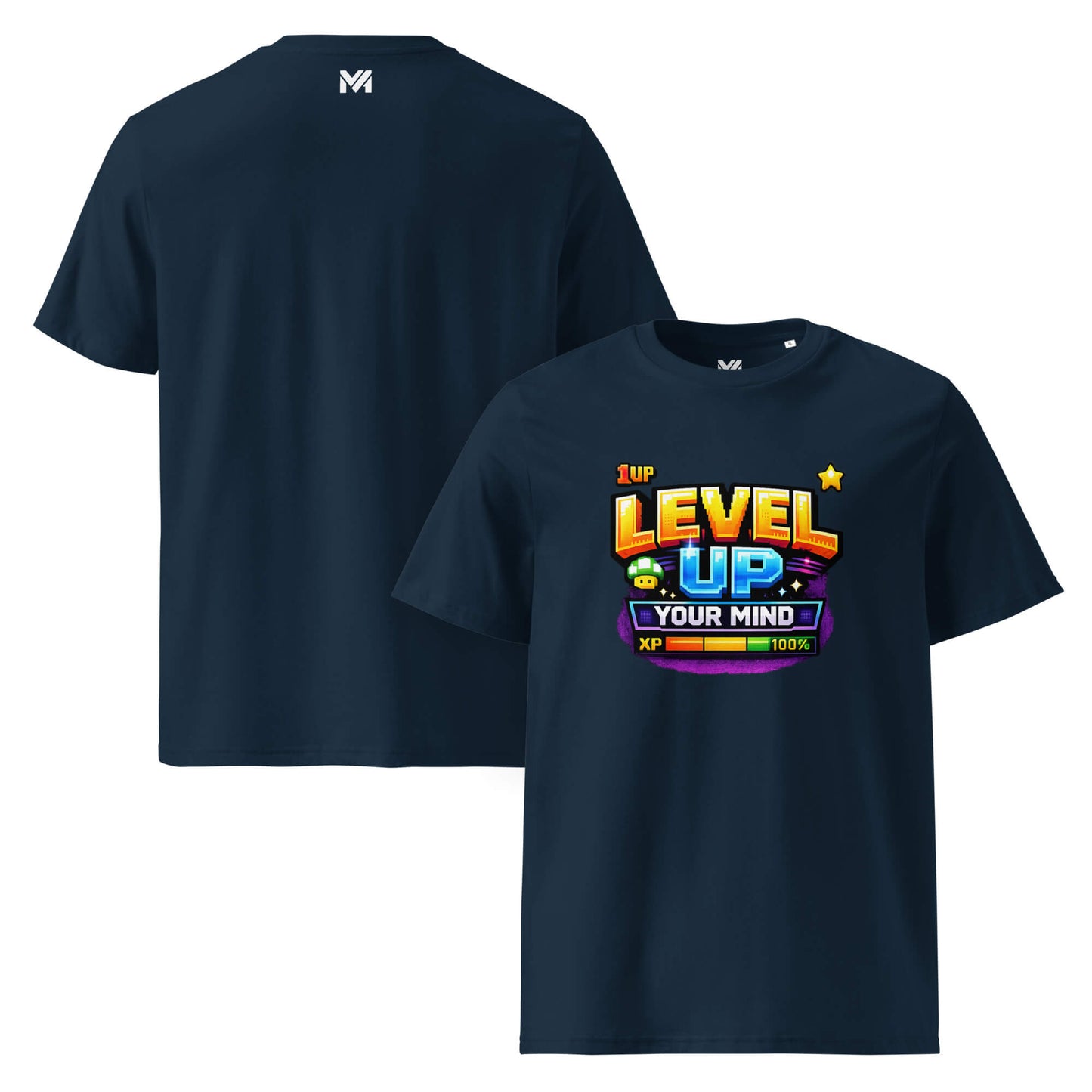 T-shirt Bio LEVEL UP YOUR MIND bleu marine visuel coloré face et logo blanc dos sous le col Mindset Ambition