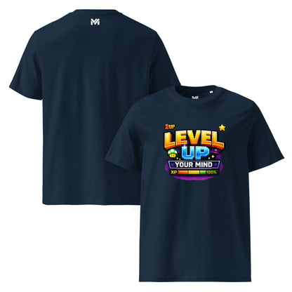 T-shirt Bio LEVEL UP YOUR MIND bleu marine visuel coloré face et logo blanc dos sous le col Mindset Ambition