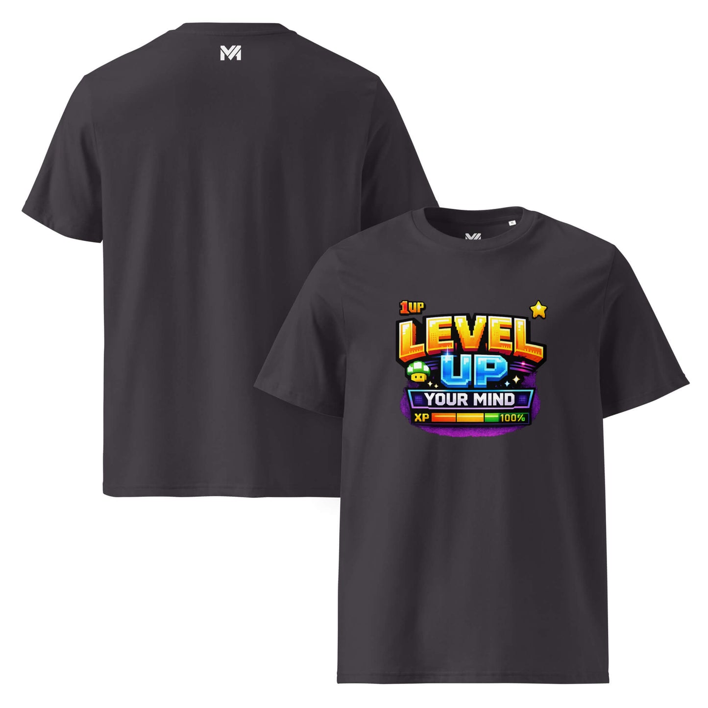 T-shirt Bio LEVEL UP YOUR MIND gris anthracite visuel coloré face et logo blanc dos sous le col Mindset Ambition