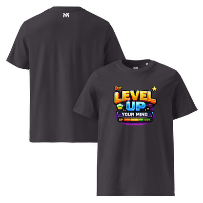 T-shirt Bio LEVEL UP YOUR MIND gris anthracite visuel coloré face et logo blanc dos sous le col Mindset Ambition