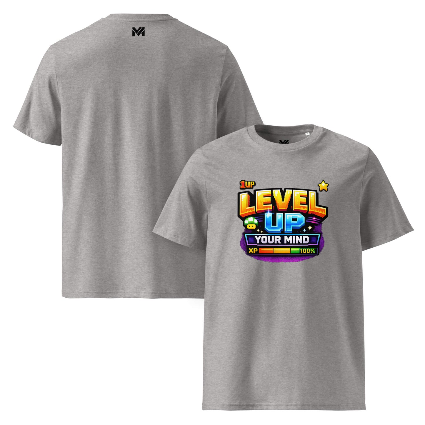 T-shirt Bio LEVEL UP YOUR MIND gris chiné visuel coloré face et logo noir dos sous le col Mindset Ambition