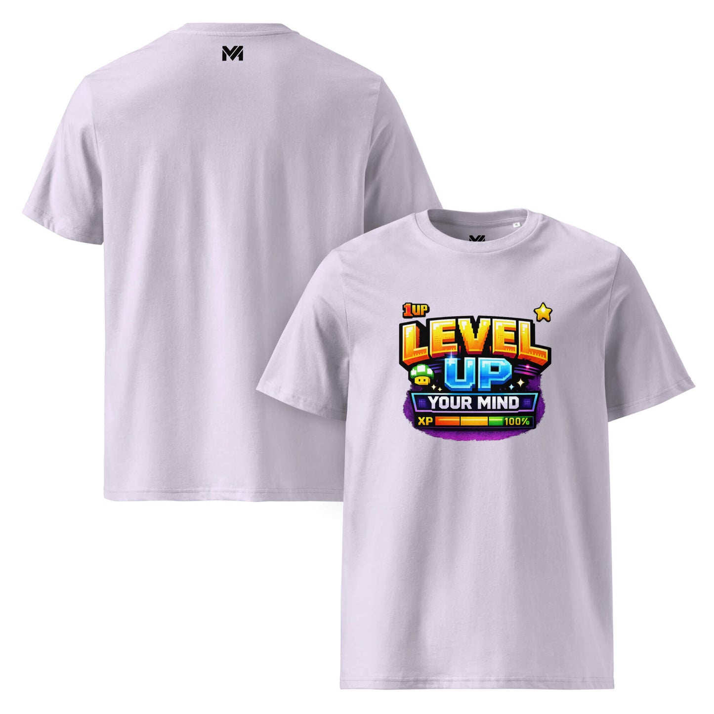 T-shirt Bio LEVEL UP YOUR MIND lavande visuel coloré face et logo noir dos sous le col Mindset Ambition