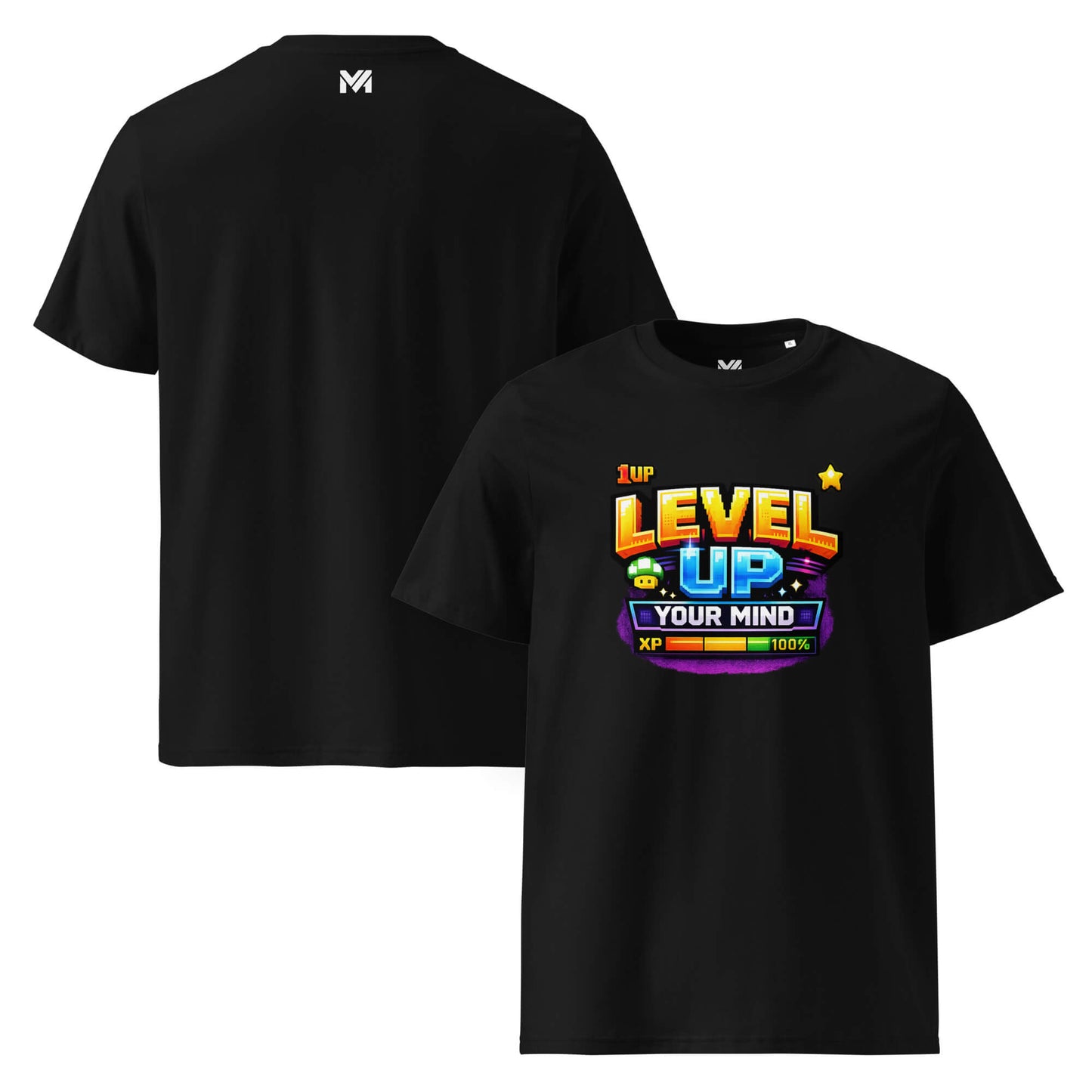 T-shirt Bio LEVEL UP YOUR MIND noir visuel coloré face et logo blanc dos sous le col Mindset Ambition