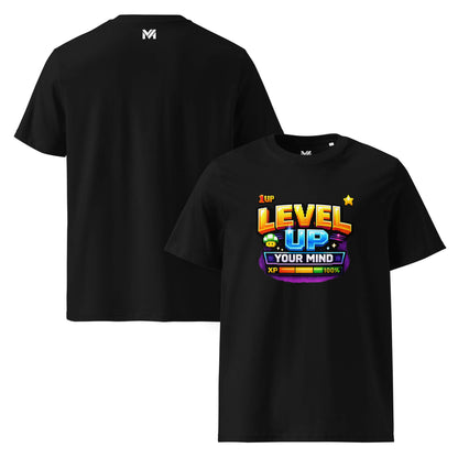 T-shirt Bio LEVEL UP YOUR MIND noir visuel coloré face et logo blanc dos sous le col Mindset Ambition