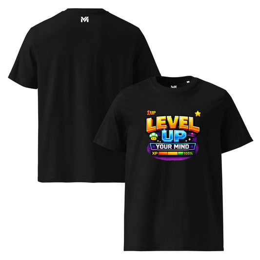 T-shirt Bio LEVEL UP YOUR MIND noir visuel coloré face et logo blanc dos sous le col Mindset Ambition