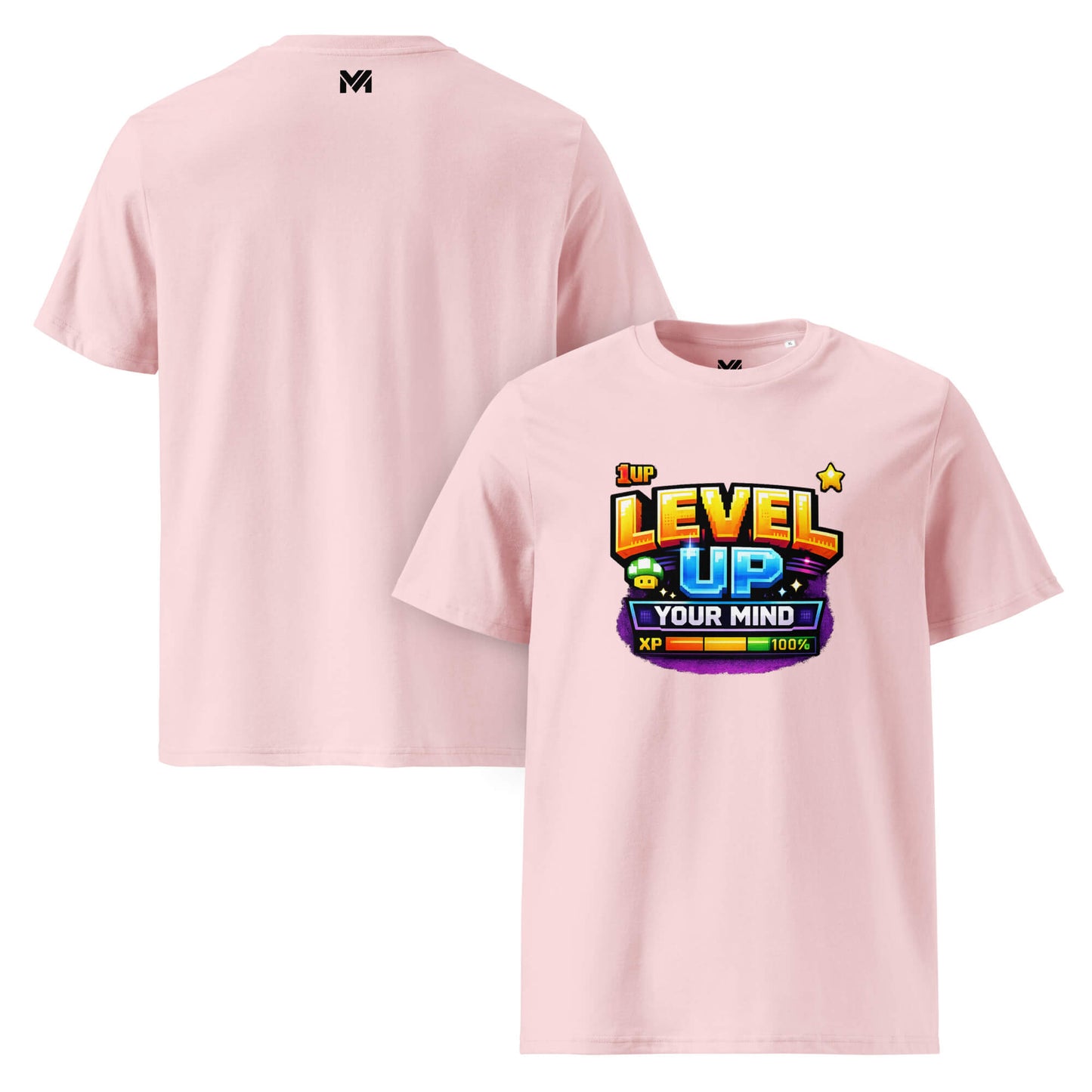 T-shirt Bio LEVEL UP YOUR MIND rose visuel coloré face et logo noir dos sous le col Mindset Ambition