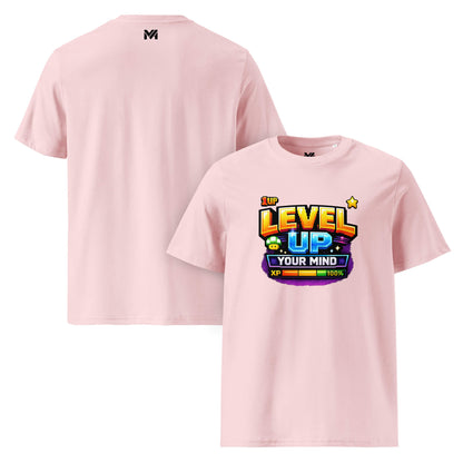 T-shirt Bio LEVEL UP YOUR MIND rose visuel coloré face et logo noir dos sous le col Mindset Ambition