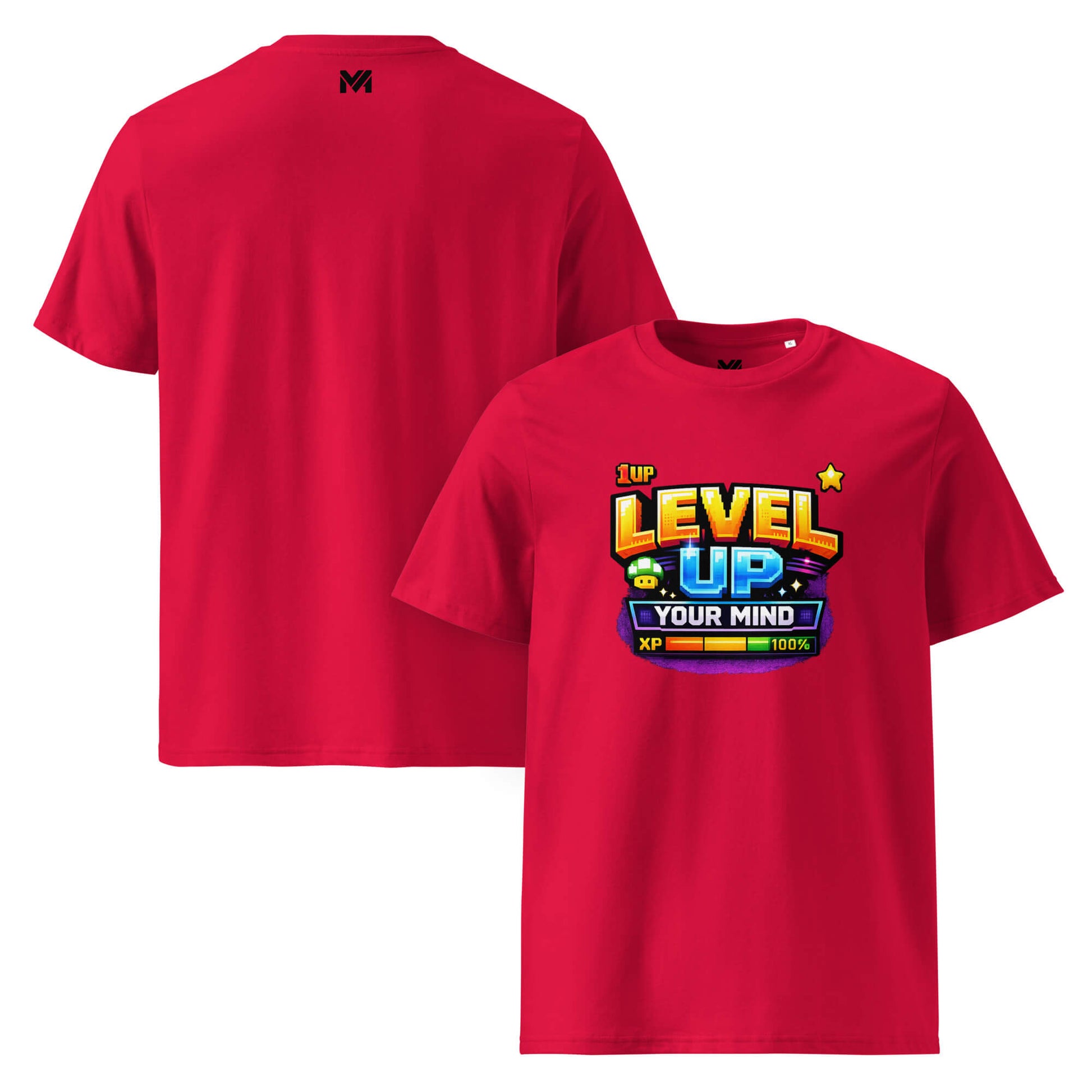 T-shirt Bio LEVEL UP YOUR MIND rouge visuel coloré face et logo noir dos sous le col Mindset Ambition