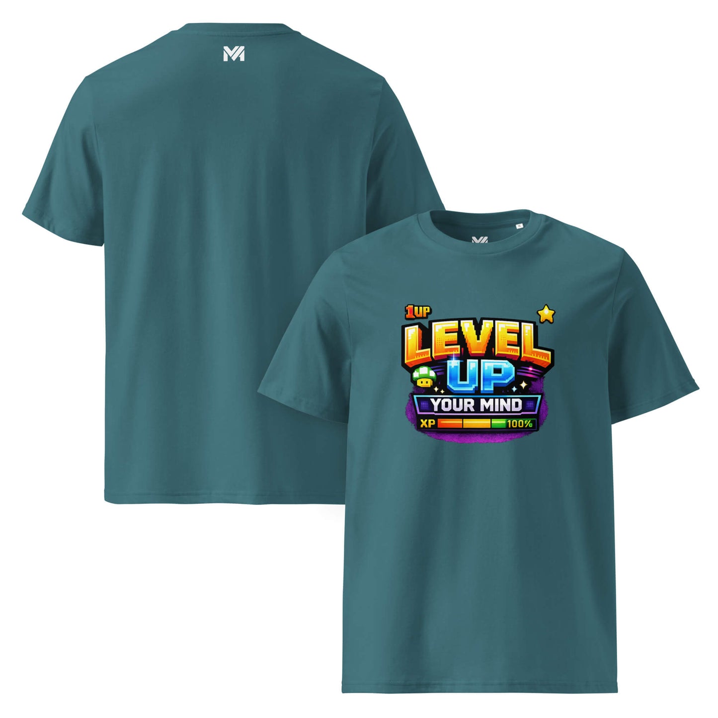 T-shirt Bio LEVEL UP YOUR MIND vert visuel coloré face et logo blanc dos sous le col Mindset Ambition