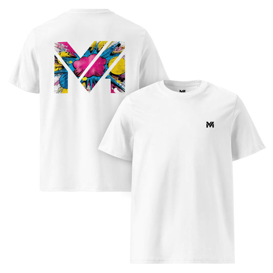 T-shirt Bio MAKE SOME NOISE blanc logo noir face et visuel coloré dos Mindset Ambition