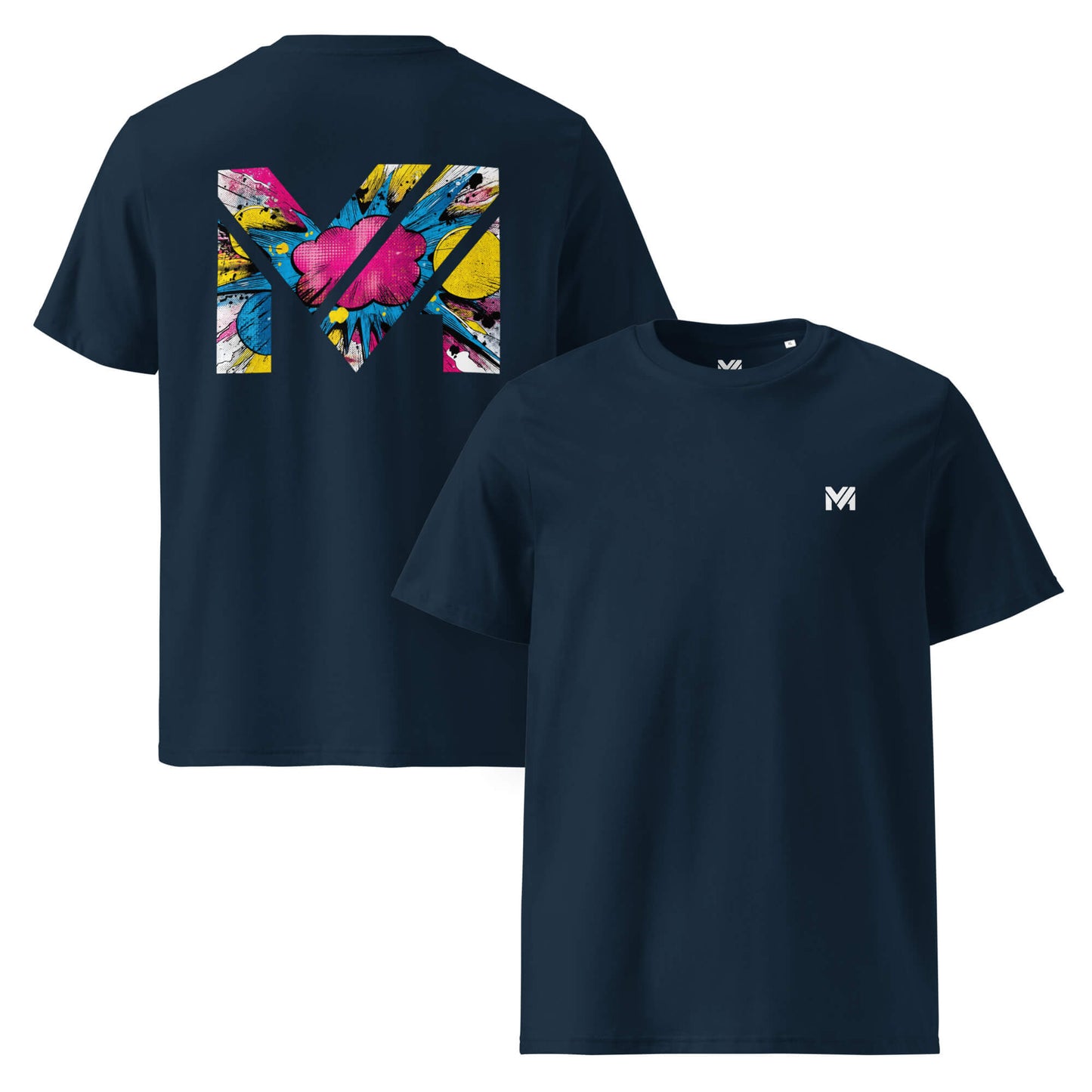 T-shirt Bio MAKE SOME NOISE bleu marine logo blanc face et visuel coloré dos Mindset Ambition