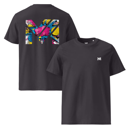 T-shirt Bio MAKE SOME NOISE gris anthracite logo blanc face et visuel coloré dos Mindset Ambition
