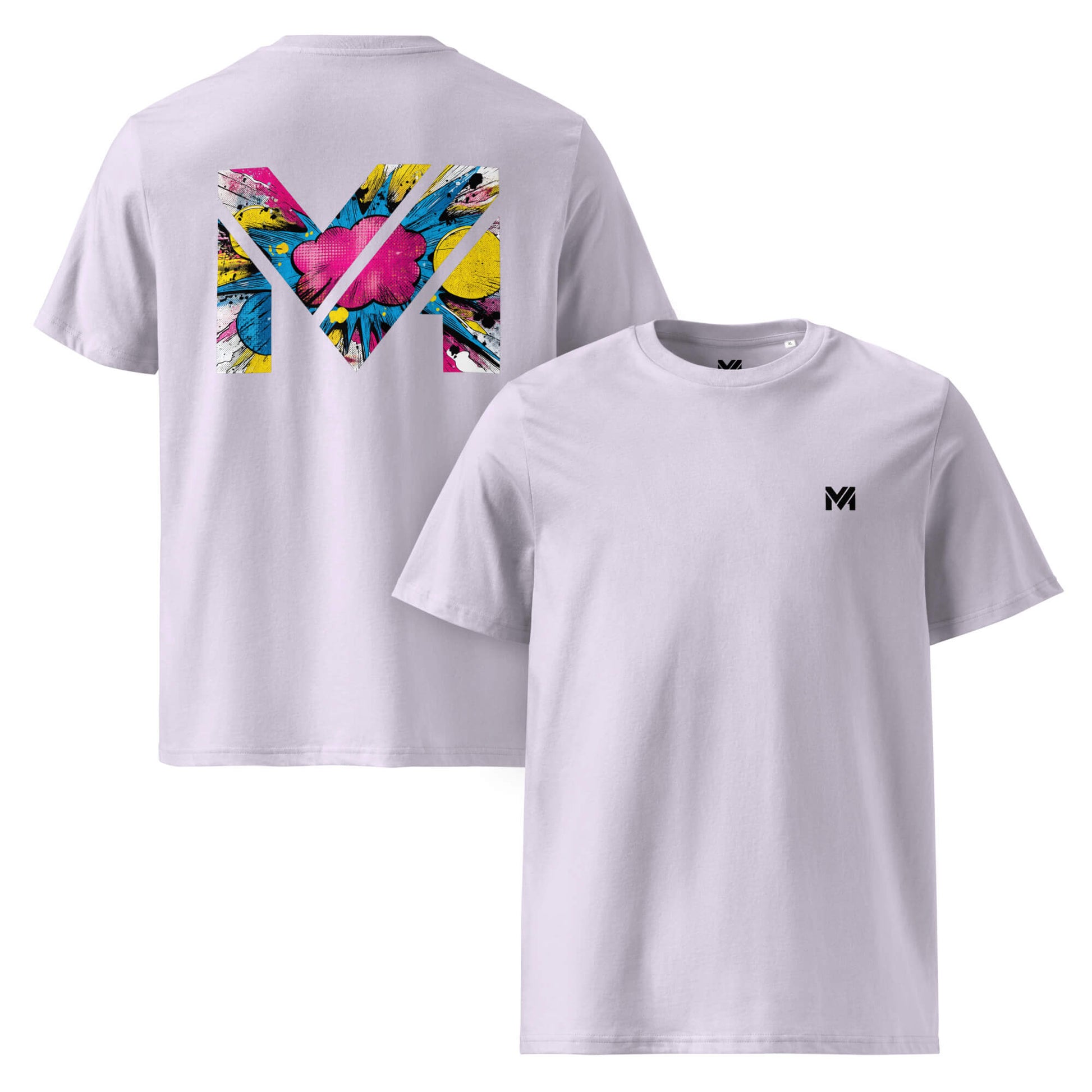 T-shirt Bio MAKE SOME NOISE lavande logo noir face et visuel coloré dos Mindset Ambition