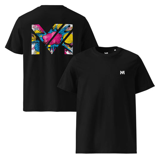 T-shirt Bio MAKE SOME NOISE noir logo blanc face et visuel coloré dos Mindset Ambition