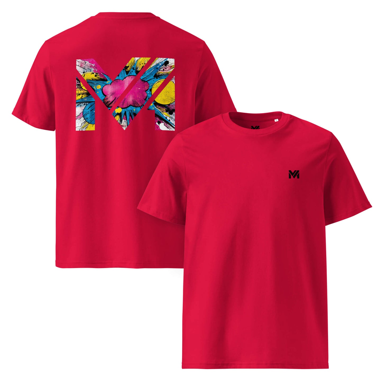 T-shirt Bio MAKE SOME NOISE rouge logo noir face et visuel coloré dos Mindset Ambition