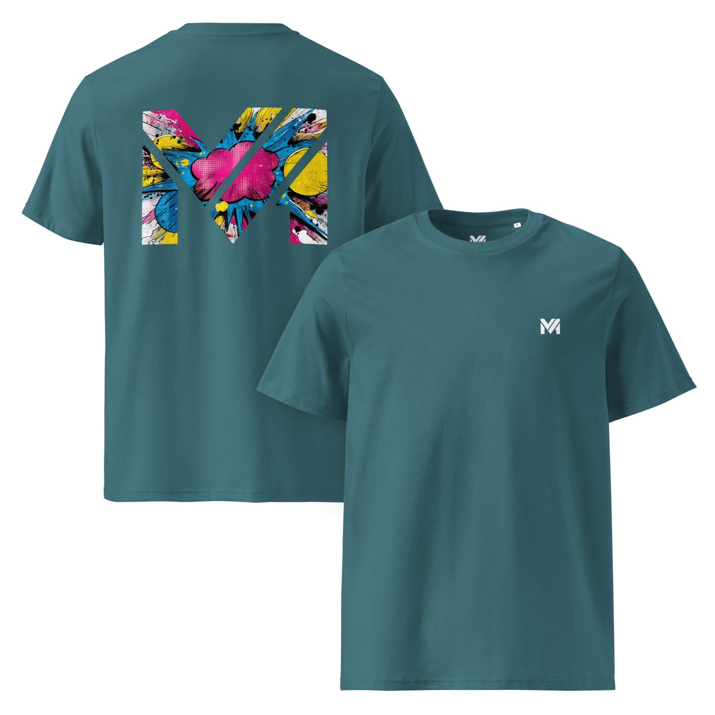 T-shirt Bio MAKE SOME NOISE vert logo blanc face et visuel coloré dos Mindset Ambition