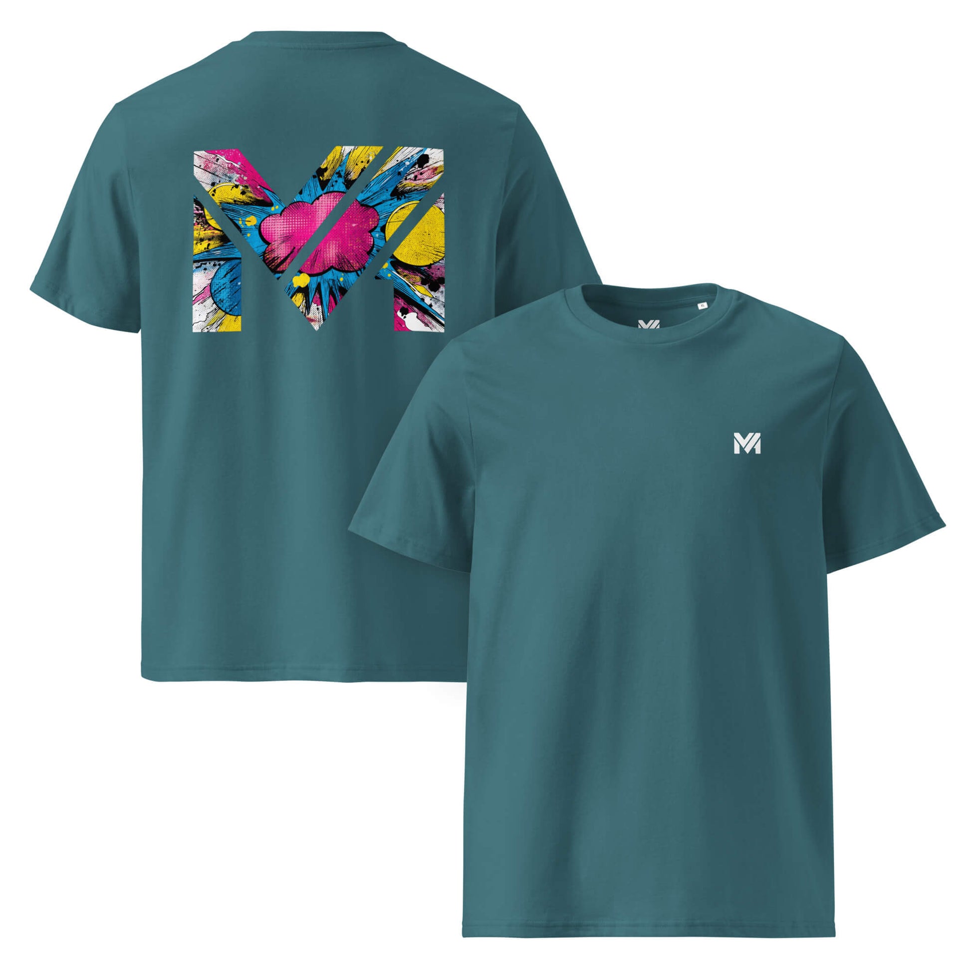 T-shirt Bio MAKE SOME NOISE vert logo blanc face et visuel coloré dos Mindset Ambition