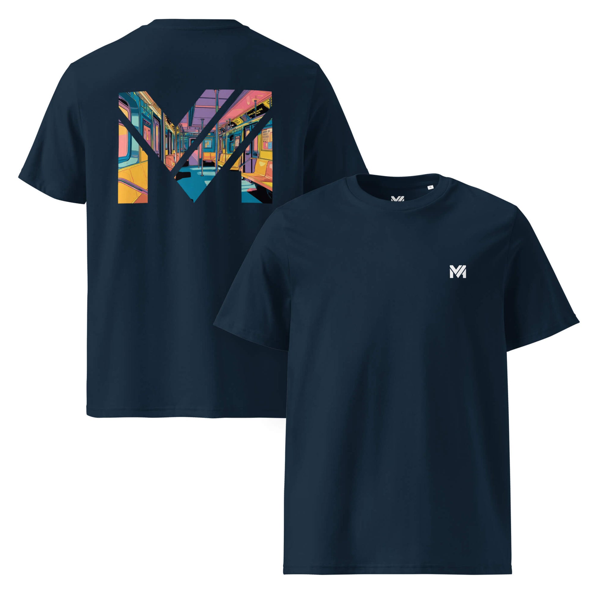 T-shirt Bio MIND ON TRACK bleu marine logo blanc face et visuel coloré dos Mindset Ambition