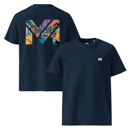 T-shirt Bio MIND ON TRACK bleu marine logo blanc face et visuel coloré dos Mindset Ambition