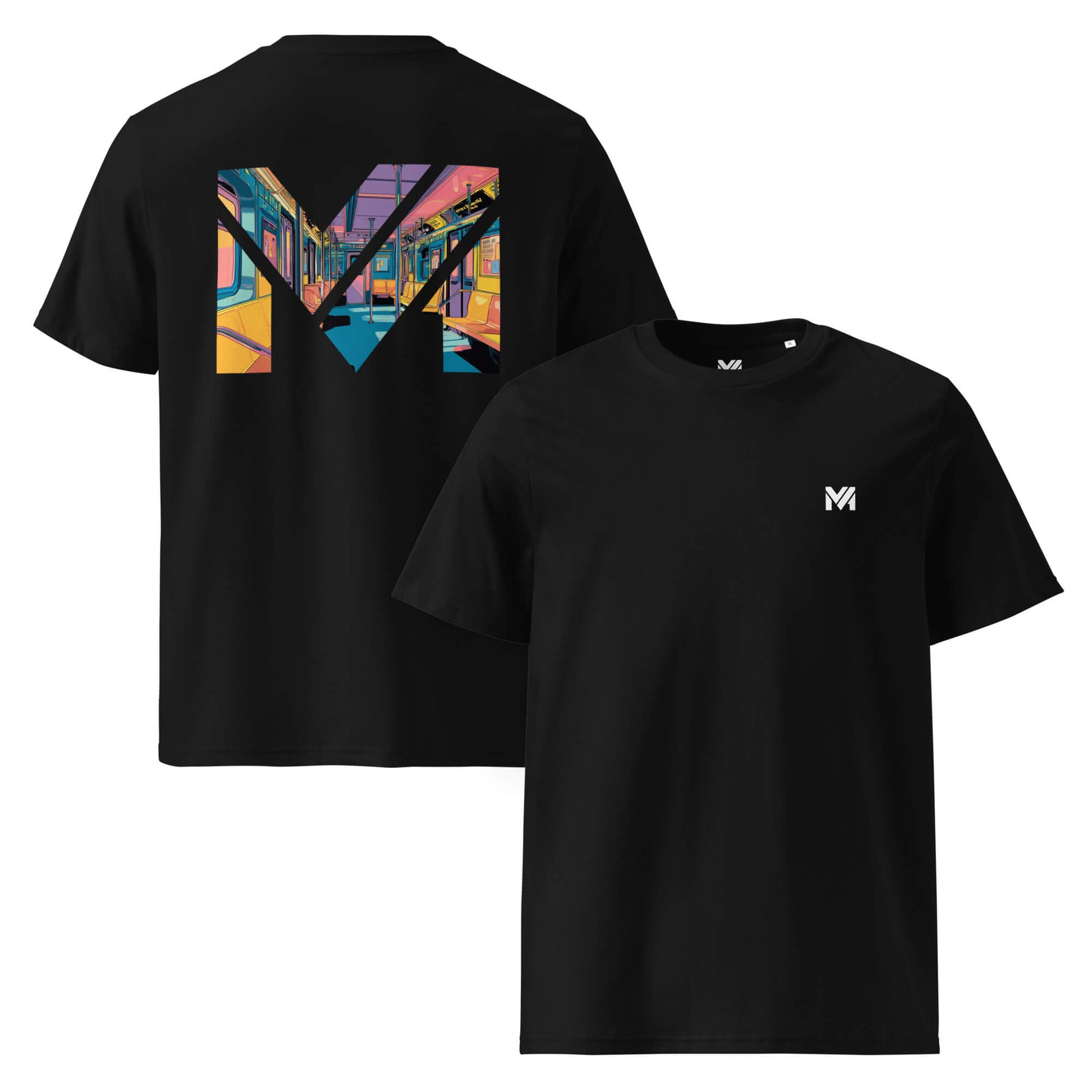 T-shirt Bio MIND ON TRACK noir logo blanc face et visuel coloré dos Mindset Ambition