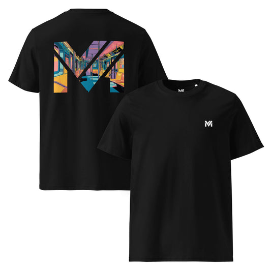 T-shirt Bio MIND ON TRACK noir logo blanc face et visuel coloré dos Mindset Ambition