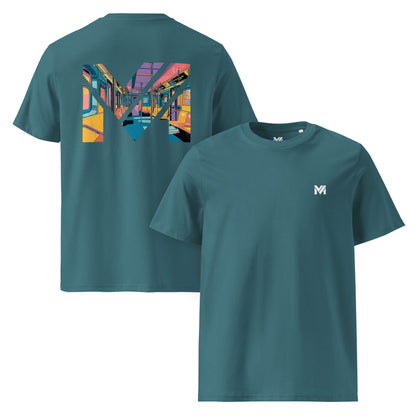 T-shirt Bio MIND ON TRACK vert logo blanc face et visuel coloré dos Mindset Ambition