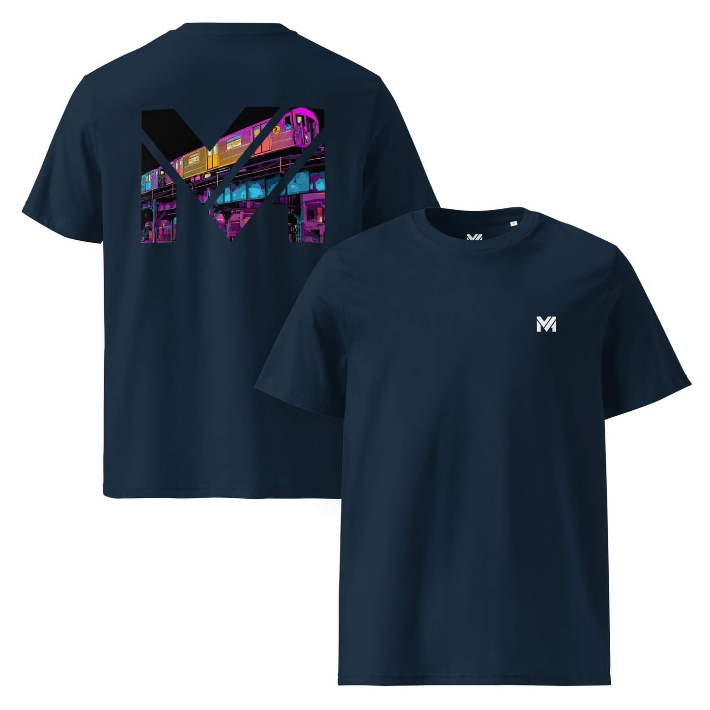 T-shirt Bio NO DETOURS bleu marine logo blanc face et visuel coloré dos Mindset Ambition