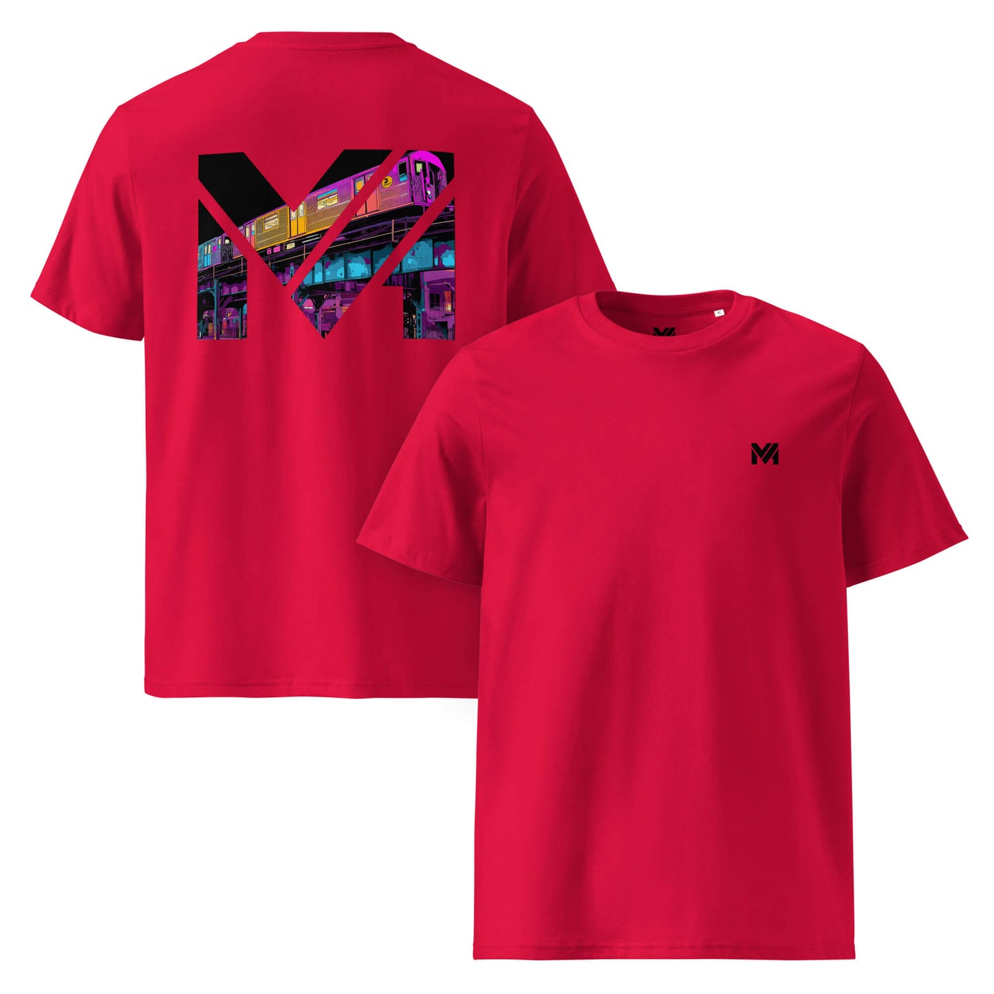 T-shirt Bio NO DETOURS rouge logo noir face et visuel coloré dos Mindset Ambition