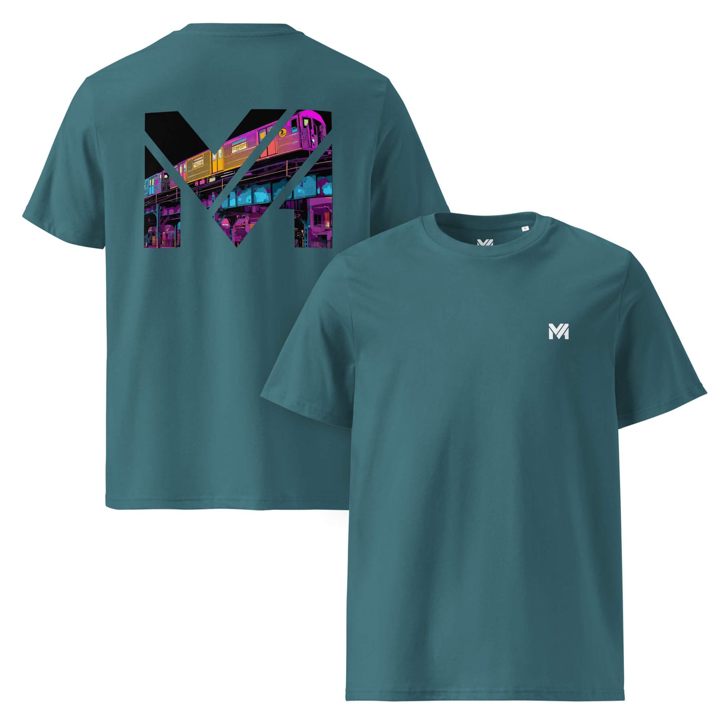 T-shirt Bio NO DETOURS vert logo blanc face et visuel coloré dos Mindset Ambition